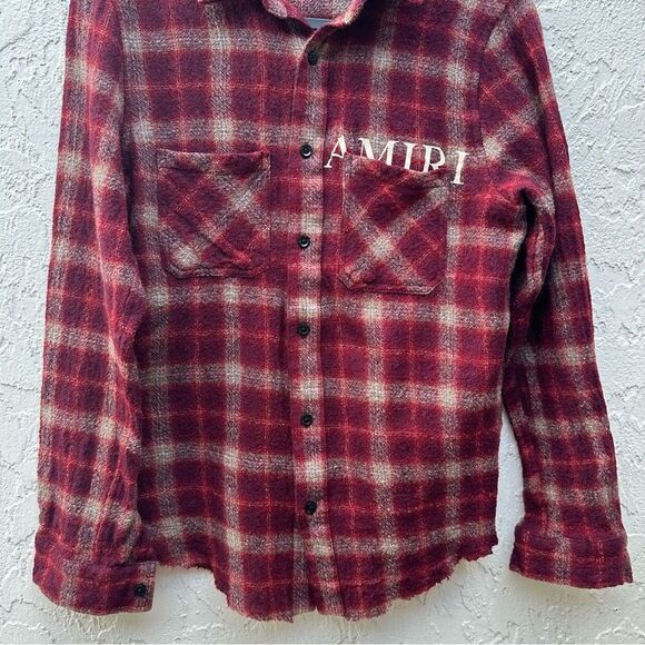 AMIRI Shirt Men Small Button Down Wool Flannel Cherub Plaid Burgundy Fall Logo - Picture 6 of 11